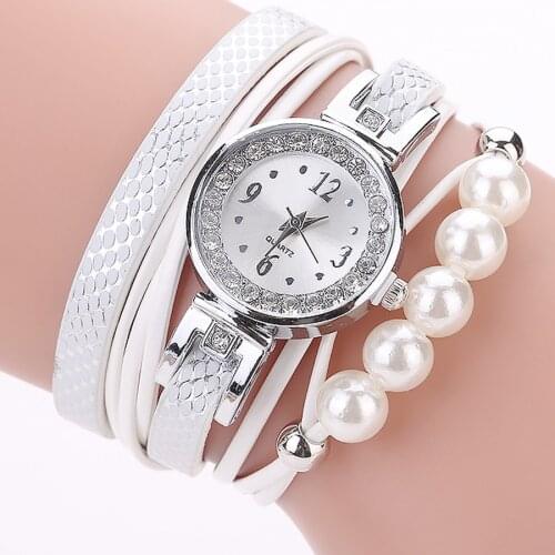 Luxury CCQ brand Womens Rhinestone Pearl Bracelet Watches Leather Bracelet Lady Womans Wrist Watch clock relogios femininos #D