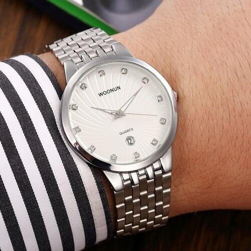 WOONUN 2020 Slim Mens Watches Top Brand Luxury Rhinestone Diamond Men Watches Stainless Steel Quartz Watch Man relogio masculino