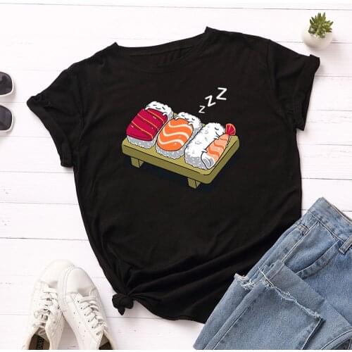 100% Cotton Women T-Shirt Summer Casual Sleep Sushi Printed Graphic O Neck Short Sleeve Tees Funny Black T-Shirt Tops Drop Ship