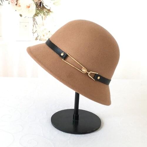 Lady Fedoras Wool Hat Girls Woolen Dome Cap Students Winter Wool Hats English Leather Buckle Cap Wool Fishermans Hat B-8783