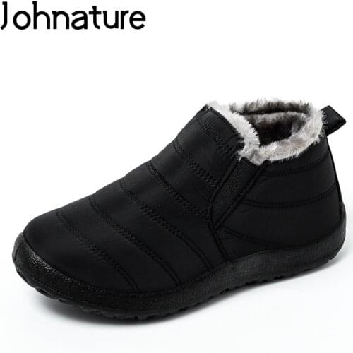 Johnature Ankle Snow Boots Women Shoes 2020 New Winter Warm Plush Waterproof Round Toe Flat With Sewing Concise Platform Boots