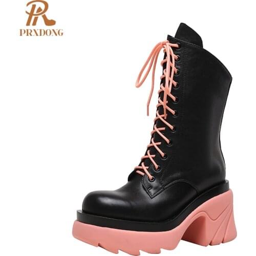 Genuine Leather Motorcycle Boots New Women Mid-Calf Boots Super High Heels Platform Wedges Punk Style Shoes Zipper Female Ladies
