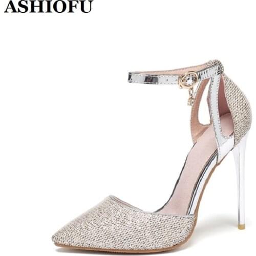 ASHIOFU Handmade Womens High Heel Pumps D'orsay Style Ankle Strap Pointy Shoes Large Size Fashion Evening Club Gold Court Shoes