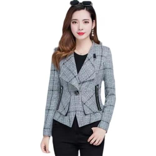 2021 Spring Autumn Short Plaid Womens Blazer New Korean Elegant Slim Long Sleeve Coat Plus Size Casual Ladies Jacket Tops