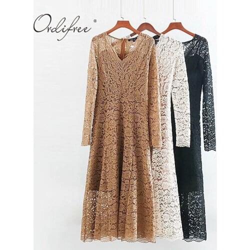 Ordifree 2021 Summer Women Maxi Dress Long Sleeve White Lace Vintage Long Party Dress