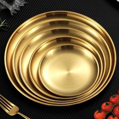 Golden-Plateing Light Luxury Barbecue Plate Stainless Steel Thickened Disc Dessert Plate Buffet Western Food Plate