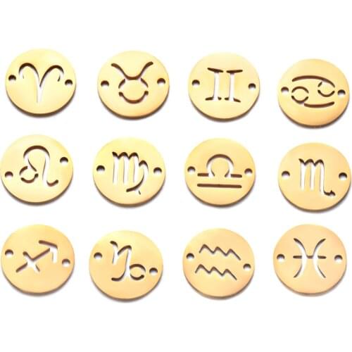 12mm Gold Color Round Zodiac Charms Twelve Constellations With Two Holes DIY Bracelet Chain Connectors 10pcs/lot