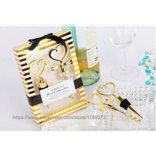 200sets=400pcs Gold Cheers To A Great Combo Wine Bottle Opener Stopper Corkscrew Set a Pair Heart Shape Wedding Favors Gift