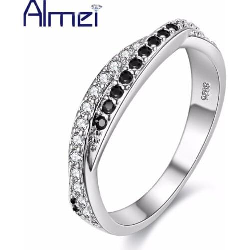 Almei 49% off Cheap Engagement Ring for Women Silver Color Jewelry Rings With Cubic Zirconia Black White Stone Anelli Donna Y022
