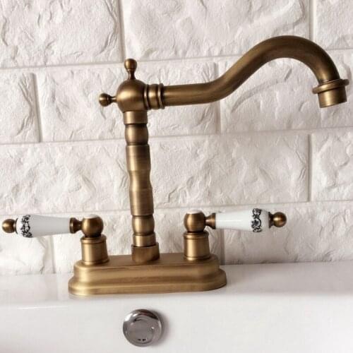 Antique Brass 4" Centerset Bathroom Sink Faucet Swivel Basin Mixer Tap Dual Ceramic Handles Levers man067