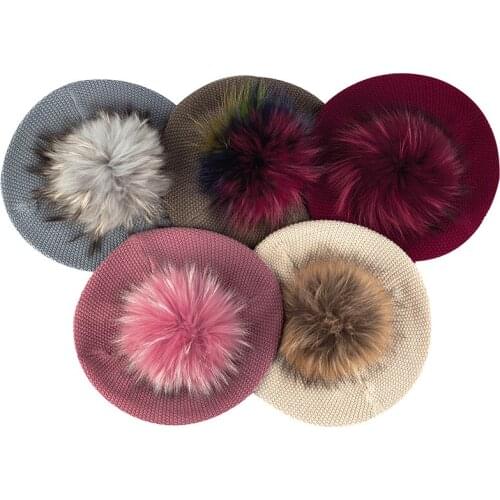 Winter Raccoon Pom Pom Beret For Women Korean Wild Acrylic Hats Female Girls Solid Color Painter Hat Fashion Slouchy New Style