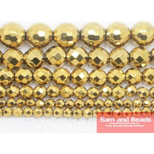 Free Shipping Natural Stone Faceted Gold Hematite Beads 4 6 8 10 MM 16" Per Strand Pick Size No.HB55