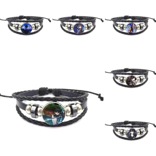 EJ Glaze Glass Black Leather Bracelet Bangle Jewelry Bijouterie For Unisex Gift Anime SAO Sword
