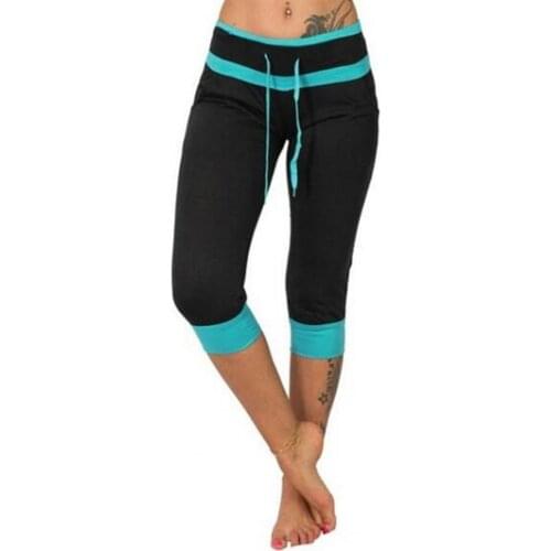 Capri pants women new fashion Color Block High Waist Drawstring Pockets Sports Trousers for sport Summer Clothing Black xxxl