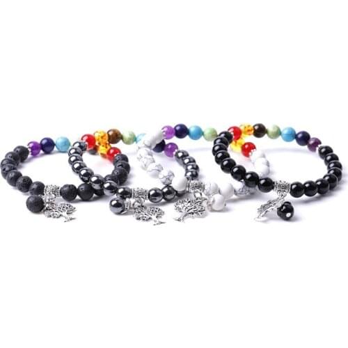 Apple Tree 8mm Hematite Howlite Beads Seven Chakras Bracelet howlite Lava Stone Buddha Yoga Women Men Lovers Hand String Jewelry