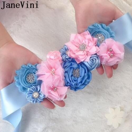 JaneVini Sky Blue Ribbon Bridal Belt Accessories Luxury Pearl Crystal Rhinestones Flower Wedding Dress Belts Sash Bruidsriem