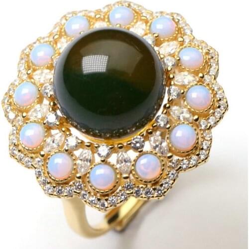 Mexico blue amber11mm Round bead Ring and 14mm Round bead Pendant with Silver Chain,Fine Jewellery set Exquisite and Elegant