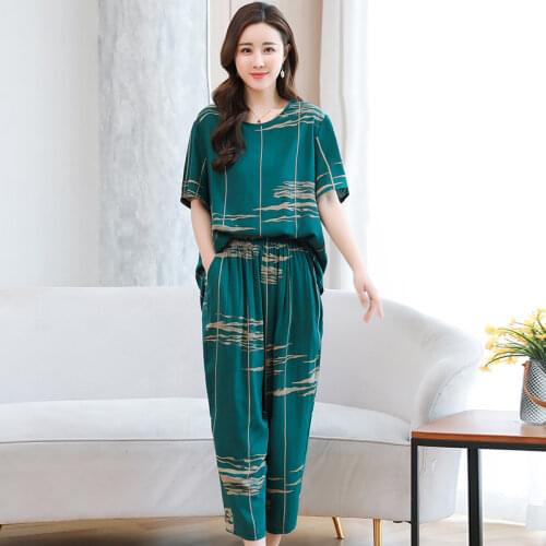 Casual 2 Piece Set Clothing Women Sets Loose Striped Summer Tracksuits Short Sleeve Tops and Elastic Waist Ankle-Length Pants