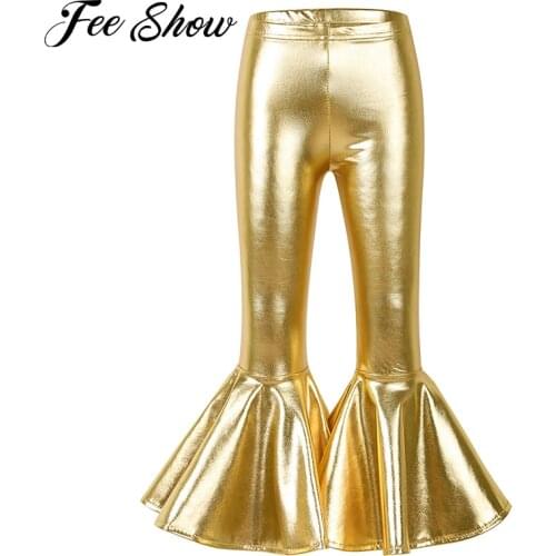 Newest Spring Baby Girl Leggings Gold Flared Trousers Mardi Gras Shiny Pants Ruffle Kids Leggings High Quality Toddler Pants