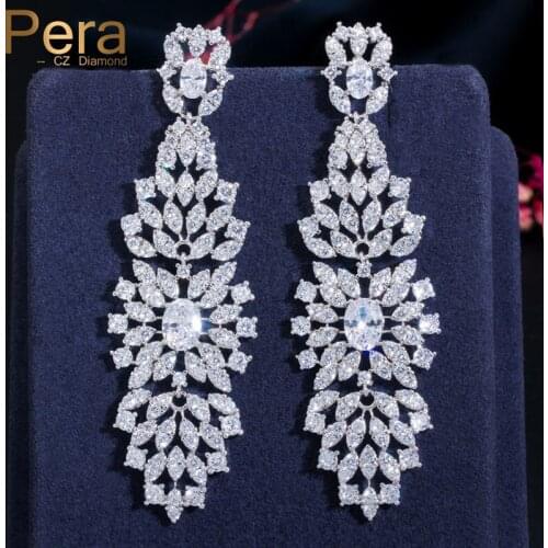 Pera Fashion Designer Micro Pave Leaf CZ Crystal Long Hanging Drop Silver 925 Earrings for Wedding Elegant Women Jewelry E494