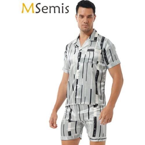 Mens Stylish Print Satin Pajama Set Two-piece Sleepwear Nightwear Loungewear Short Sleeve Shirt with Shorts