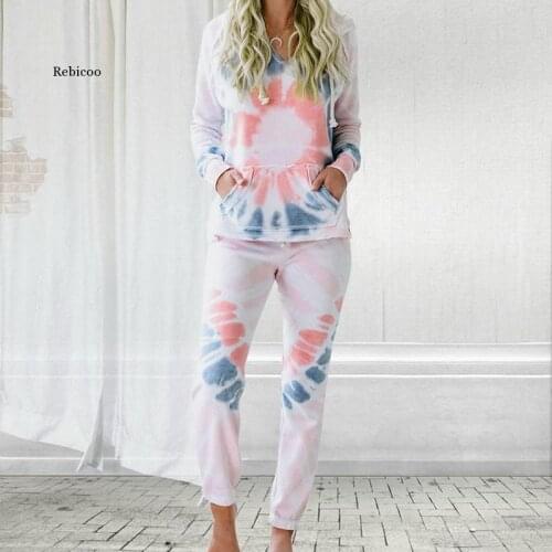 Tie Dye Print Hooded Fitness Women Pajamas Two Piece Sets Long Sleeve Pants Female Home Clothes Summer Fashion Casual Lady Set