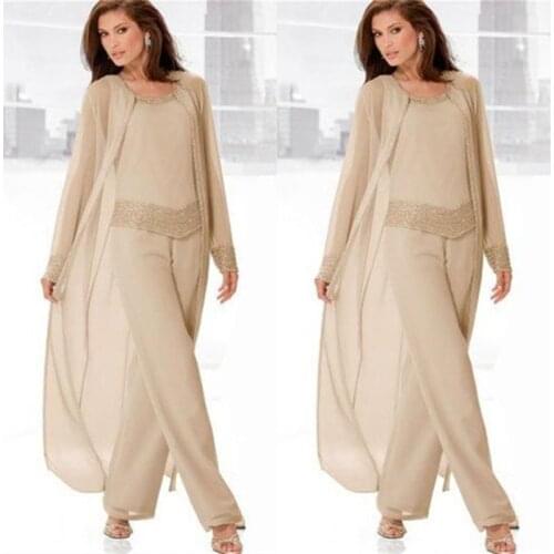 Champagne Mother of the Bride Dresses Pants Suit With Long Jacket Beaded Flowing Chiffon Tunic Wedding Guest Dresses 3 Pieces
