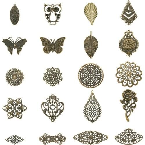 Iron Computer Beaded Patch, Mixed Shape, 6pcs/style, 20style/bag, Antique Bronze, Fit for 4~6mm rhinestone; 49.5~92x23~69x0