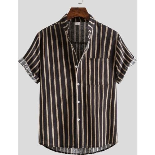 2021 Hot Mens Summer Shirt Cotton And Linen Striped Printed Short-sleeved Button Shirt Fashion Casual Daily Comfy Shirt Рубашка