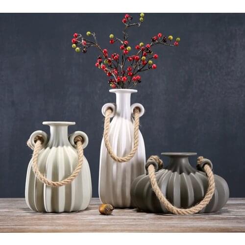 Vintage Ceramics Double Ears Vase Porcelain Hemp Pot Vase Flower Pitcher Room Decor Art and Craft Present Ornament Accessories