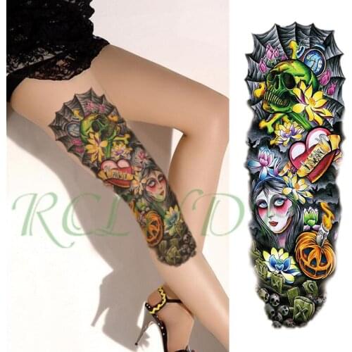 Waterproof Temporary Tattoo Sticker Halloween pumpkin skull beatifull girl full arm large fake tatto flash tatoo for men women