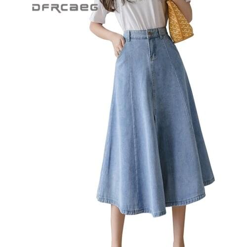 Streetwear Deep Blue Long Jeans A-Line Skirts Women 2021 Hight Waist Sexy Split Vintage Denim Skirt Female Saias