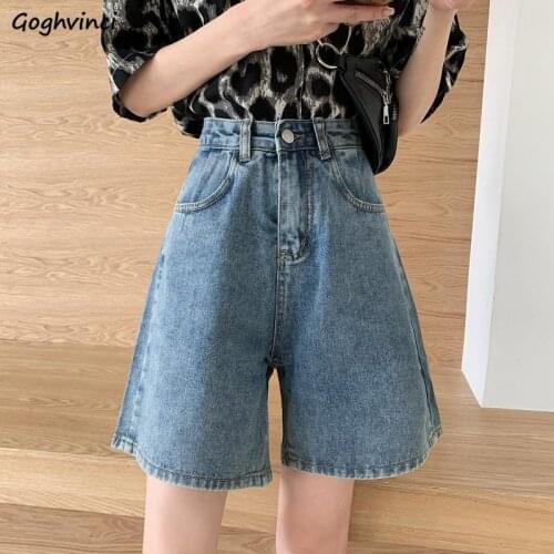 Women Denim Shorts Solid High Waist Wide Leg Trousers Chic Hipsters Teens Harajuku Loose Casual Simple All-match Bf Style Retro