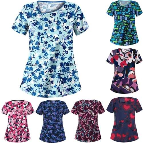 Scrubs Top For Women Short Sleeve Tops Working Uniform Cartoon Print Blouse Nurse Uniform 2021 Fashion Irregular Collar Tops New