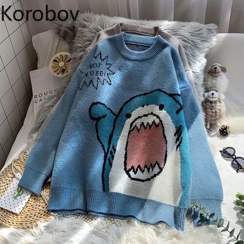 Korobov Preppy Style Kawaii Cartoon Knitted Jacquard Women Sweaters Korean O Neck Long Sleeve Letter Sueter Mujer Jumper Femme