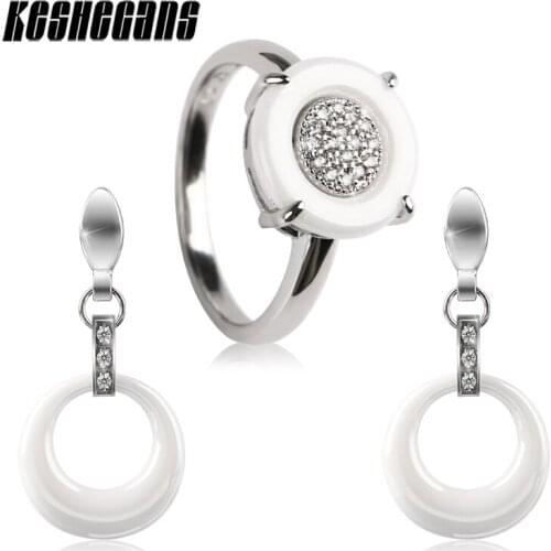 Women Jewelry Set 2MM Wide Round Ceramic Rings And Hollow Round Crystal Drop Earrings White Color Wedding Jewelry For Women Gift