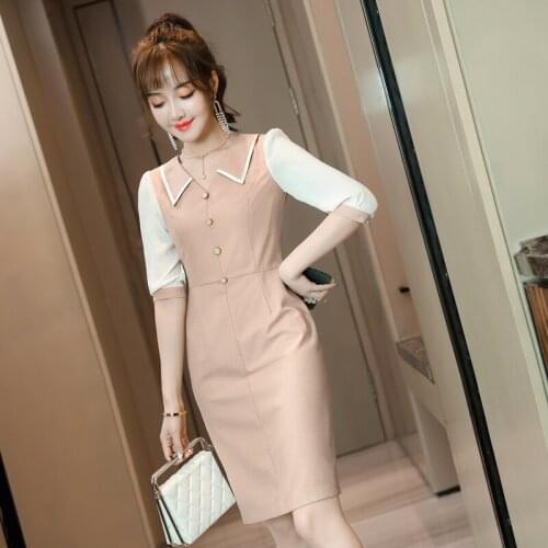 Half Sleeve Elegant Apricot Dresses Fashion OL Styles 2021 Sping Summer Dress for Women Business Work Wear Beauty Salon Vestidos