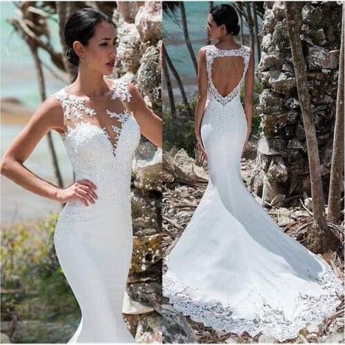 Sexy Mermaid Wedding Dress Sleeveless Lace Appliqued Illusion Back Boho Wedding Gown Long Train Backless Bride Dress