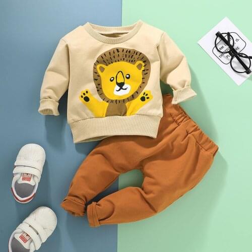0-24M Autumn Baby Boys Clothes Sets Cartoon Animal Printed Long Sleeve Pullover Tops Pants 2pcs
