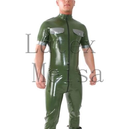 Army green mens Zentail latex jumpsuit decorative with chest pockets and attached front zip to back waist