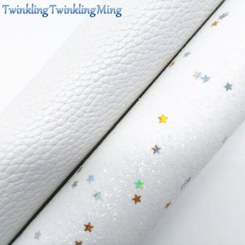 WHITE Glitter Fabric, Stars Litchi Faux Leather Fabric, Synthetic Leather Fabric Sheets For Bow A4 8"x11" Twinkling Ming XM342