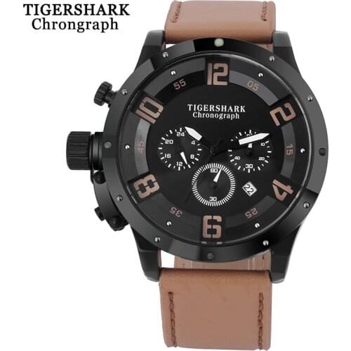 TIGERSHARK Men Sport Watch Quartz Watch Top Brand Chronograph Leather Strap Waterproof Wristwatches With Box Relogio Masculino