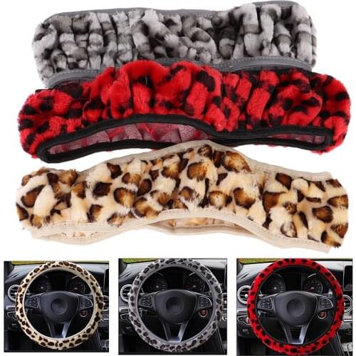 Leopard Steering Wheel Cover Print Plush Elastic Section Car Steering Wheel Braid Cover Auto DIY Car Accessories Anti-Slip Soft