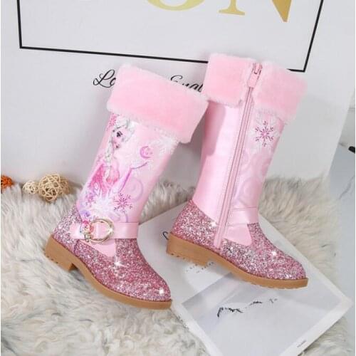 Kids Elsa Long Boots Princess Girls Leather Boots Elegant Plush Warm Flat Dress Dance Shoes Christmas Snow shoes