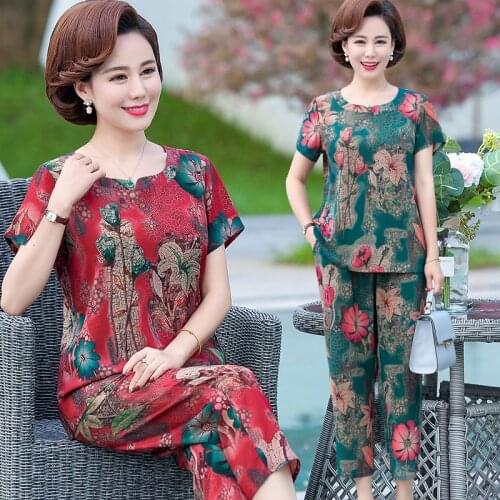 Middle-aged mother Two-piece Summer Sets Loose Print Short-sleeved T-shirt Top+Pants Plus size Casual Clothing Suit 2-piece set