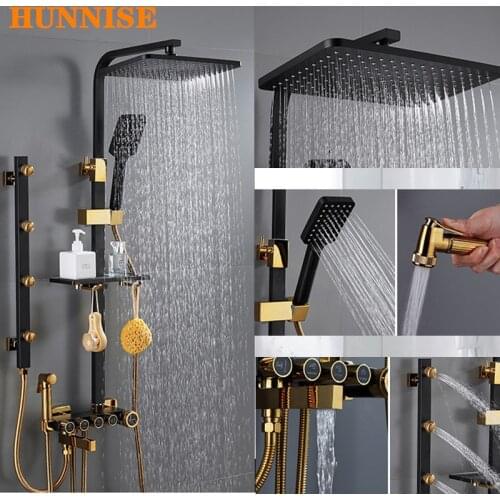 Bathroom Shower Set Black Gold Chest Spray Shower System Rainfall Shower Head Copper Bathtub Faucet Hot Cold Shower Mixer Set