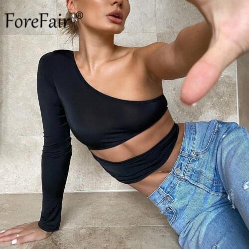 Forefair One Shoulder T Shirt Black Women Clothing 2021 Party Slim Sexy Basic Cut Out Long Sleeve Crop Tops