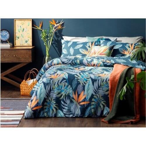 Paradise Flowers Cotton Double Duvet Cover Set 200x220 cm Navy