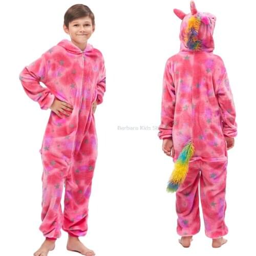 Children Overalls Winter Pink Unicorn Kigurumi Pajamas Boy Girl Cartoon Cosplay Pyjama 8-12 Years Kids Sleepwear Hoodie Pajamas