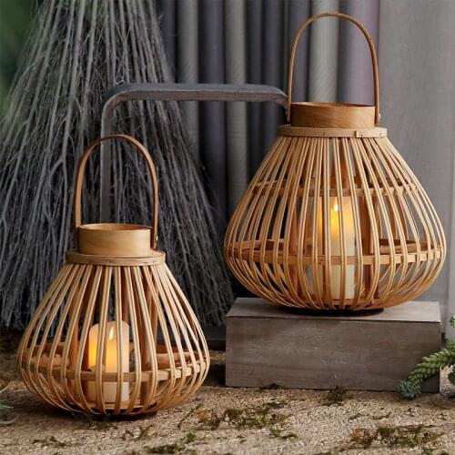 Handmade Round Wooden Bamboo Candle Lantern In Small And Large Two Sizes Home Garden Decor Natural Hollow Handle Candle Holders